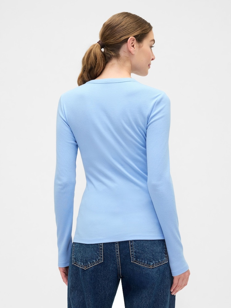 Gap Blue Long Sleeve Ribbed T-Shirt - Image 2 of 5 Gap Blue Long Sleeve Ribbed T-Shirt - Image 2 of 5