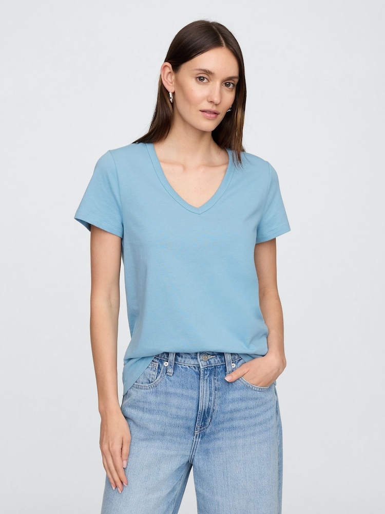 Gap Blue Favourite V-Neck Short Sleeve T-Shirt - Image 1 of 5 Gap Blue Favourite V-Neck Short Sleeve T-Shirt - Image 1 of 5