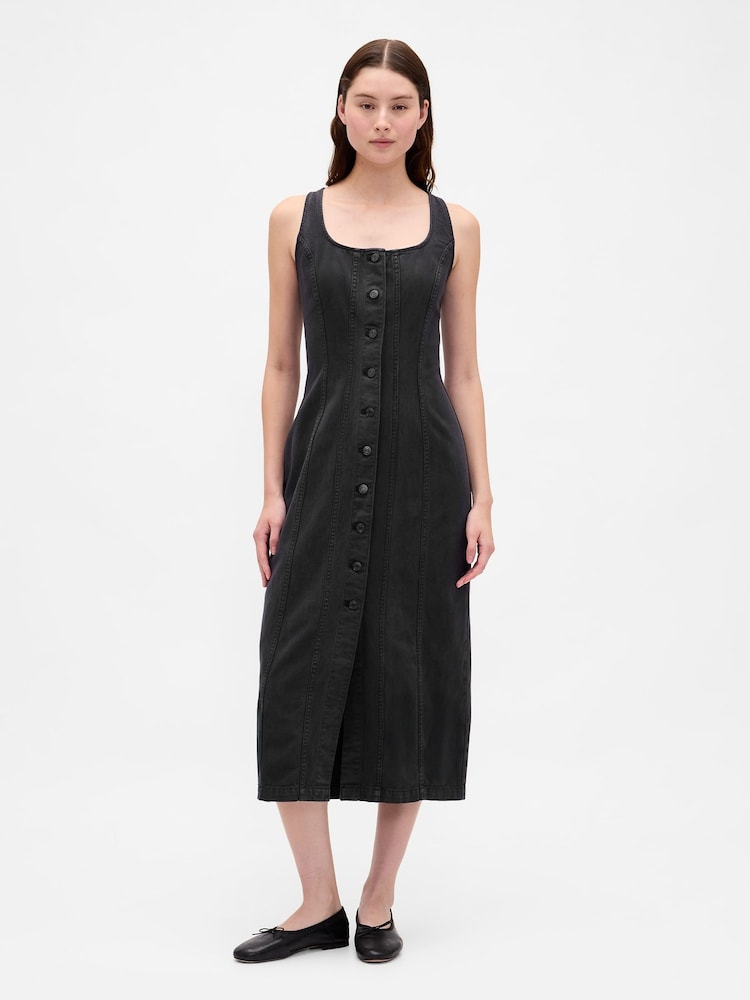 Gap Black Seamed Button Front Midi Dress - Image 1 of 4