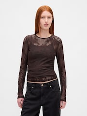 Gap Brown Sheer Lace Top - Image 1 of 4