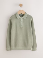 Sage Green Long Sleeve Textured Polo Shirt (3-16yrs) - Image 1 of 4