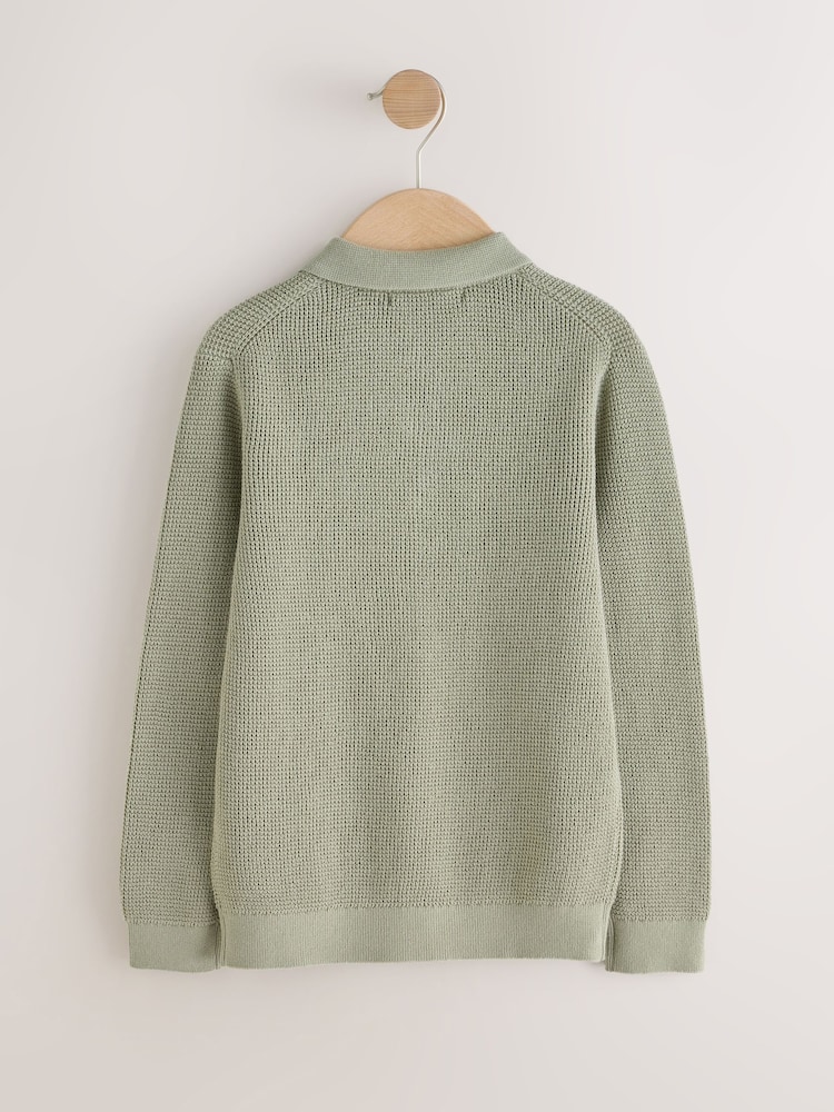 Sage Green Long Sleeve Textured Polo Shirt (3-16yrs) - Image 2 of 4 Sage Green Long Sleeve Textured Polo Shirt (3-16yrs) - Image 2 of 4