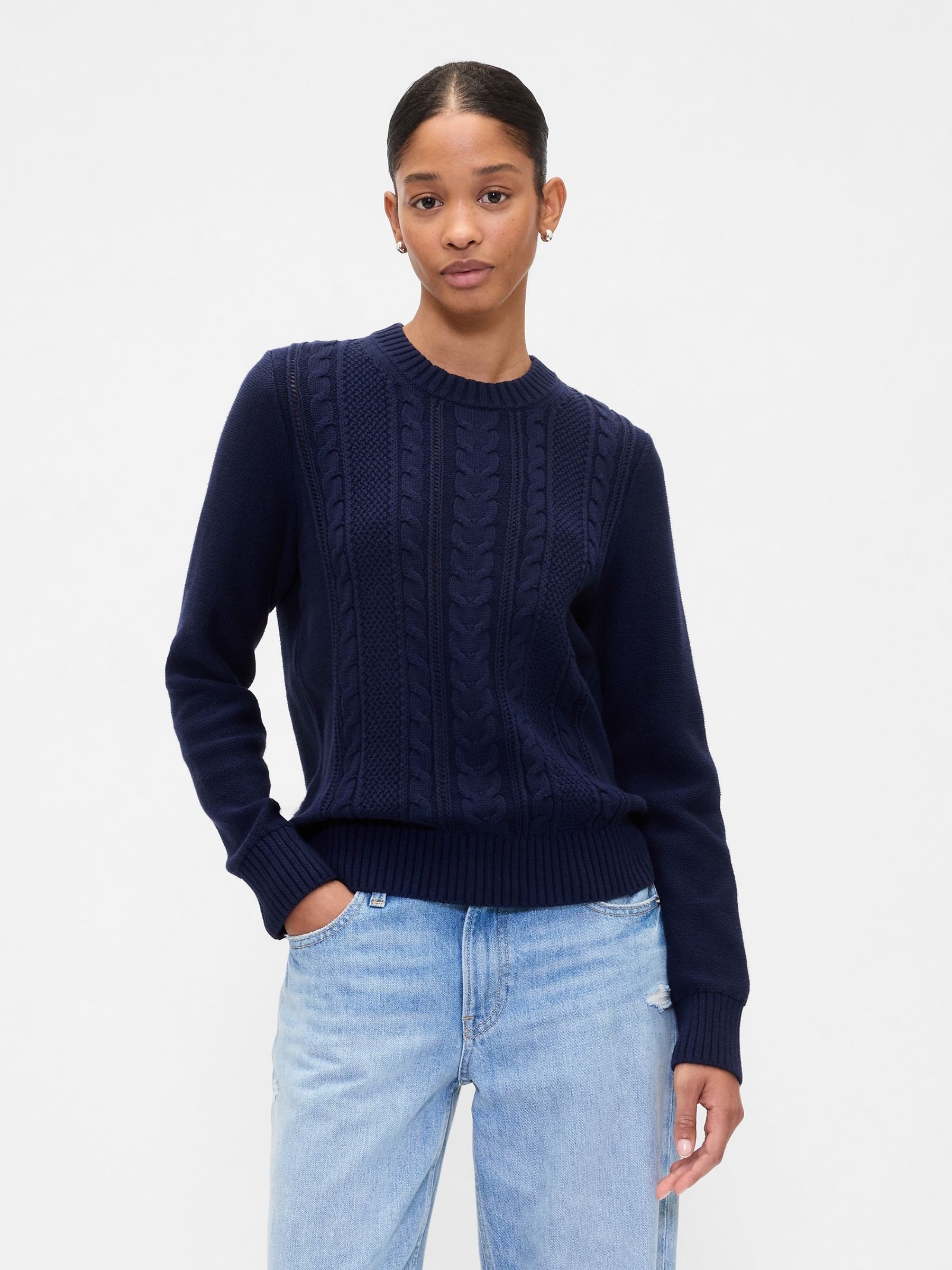 ニット/セーター yonfa loose cable sweater (navy) 100% cotton cable knit V-neck jumper | OYSHO Maroc