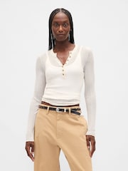Gap Cream Long Sleeve Sheer Rib Henley Top - Image 1 of 4