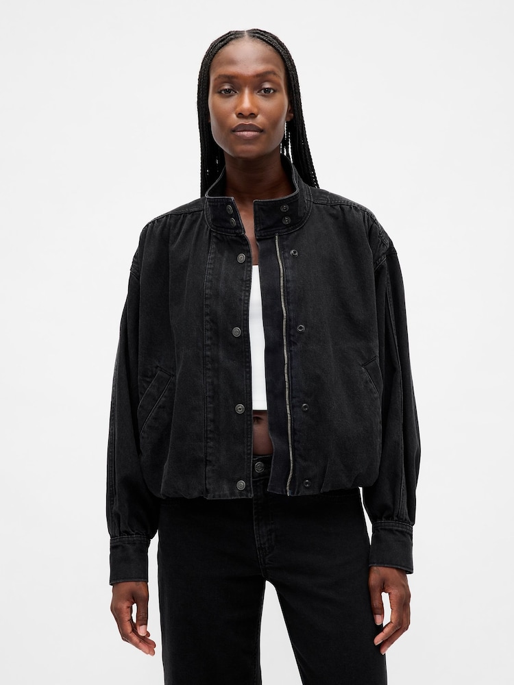 Gap Black Denim Bubble Jacket - Image 1 of 4 Gap Black Denim Bubble Jacket - Image 1 of 4