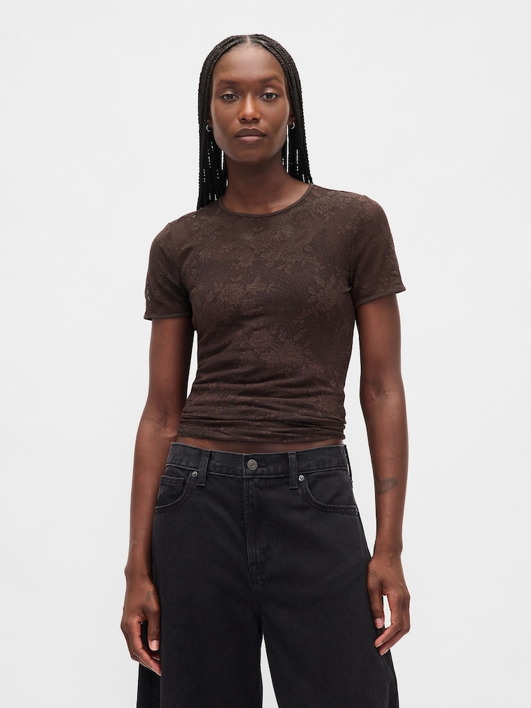 Gap Brown Floral Lace Mesh Top - Image 1 of 4