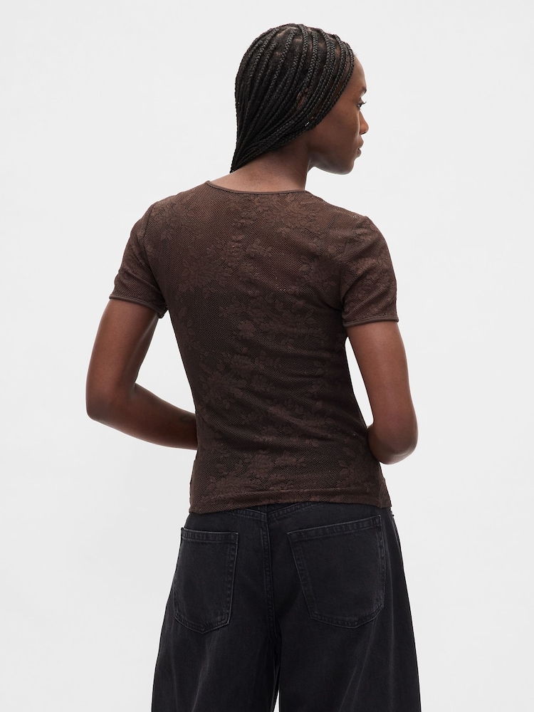 Gap Brown Floral Lace Mesh Top - Image 2 of 4