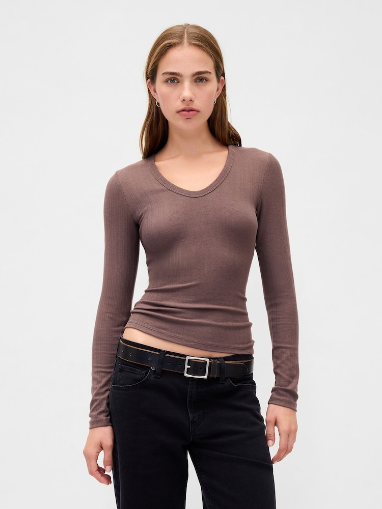 Gap Brown Sheer Modern Rib T-Shirt - Image 1 of 3 Gap Brown Sheer Modern Rib T-Shirt - Image 1 of 3