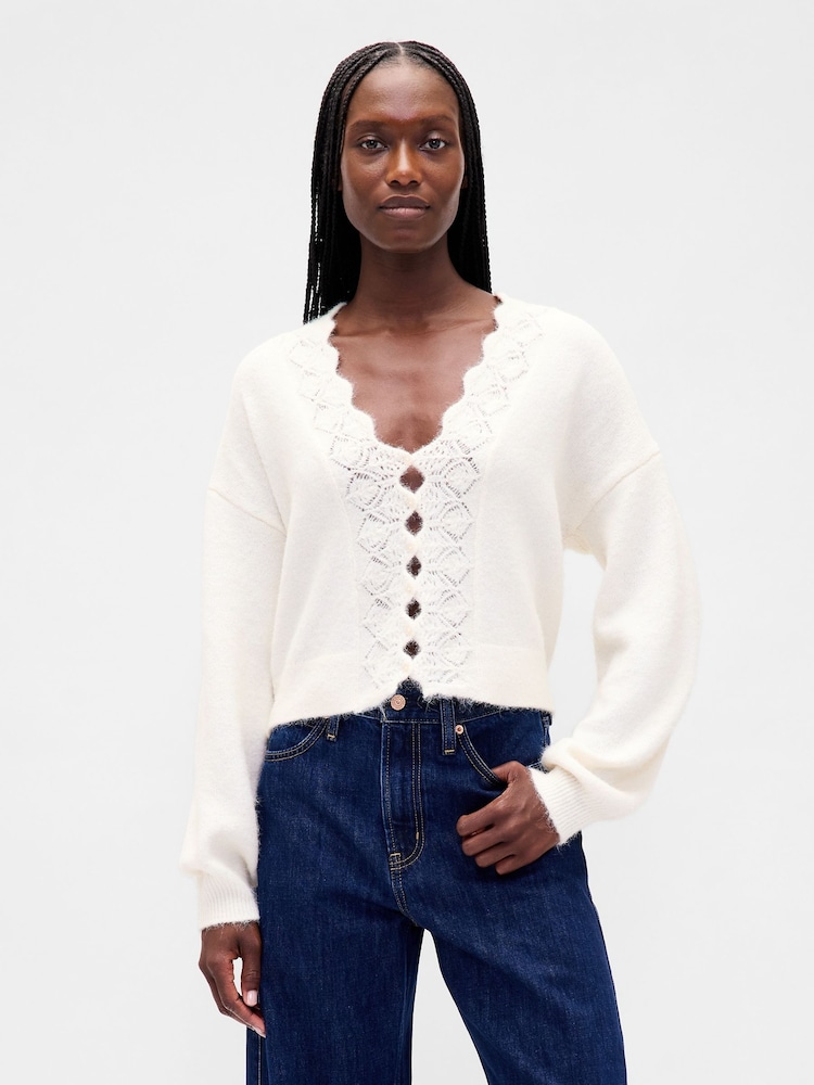Gap Cream Fuzzy Pointelle Scalloped Crop Cardigan - Image 1 of 4 Gap Cream Fuzzy Pointelle Scalloped Crop Cardigan - Image 1 of 4