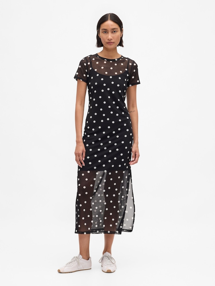 Gap Black/White Dot Mesh Square Neck Maxi Dress - Image 1 of 4