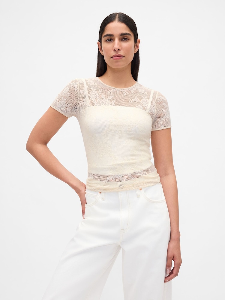 Gap Cream Floral Lace Mesh Top - Image 1 of 4