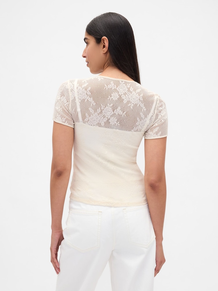 Gap Cream Floral Lace Mesh Top - Image 2 of 4