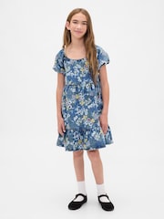 Gap Blue Denim Puff-Sleeve Floral Dress (4-13yrs) (4-13yrs) - Image 1 of 5