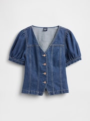 Gap Denim Puff-Sleeve Seamed Top - Slika 1 iz 1