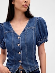 Gap Blue Denim Puff Sleeve Seamed Top - Image 3 of 6