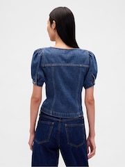 Gap Blue Denim Puff Sleeve Seamed Top - Image 4 of 6