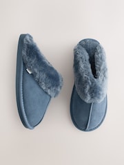 Denim Blue Faux Fur Lined Suede Mule Slippers - Image 1 of 7