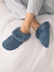 Denim Blue Faux Fur Lined Suede Mule Slippers - Image 2 of 7