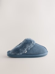 Albastru denim - Papuci Mule din piele întoarsă căptușiți cu blană artificială - Imaginea 5 din 7