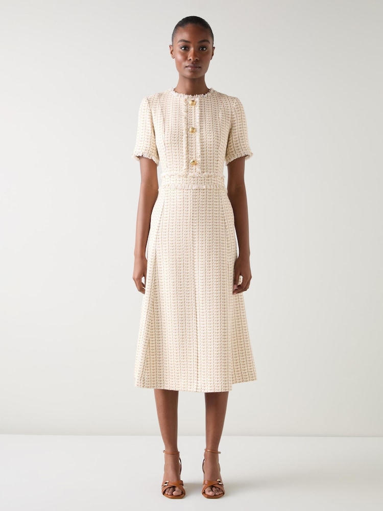 LK Bennett Cream Julia Tweed Cheque Polyester Mix Gold Button Dress - Image 1 of 4