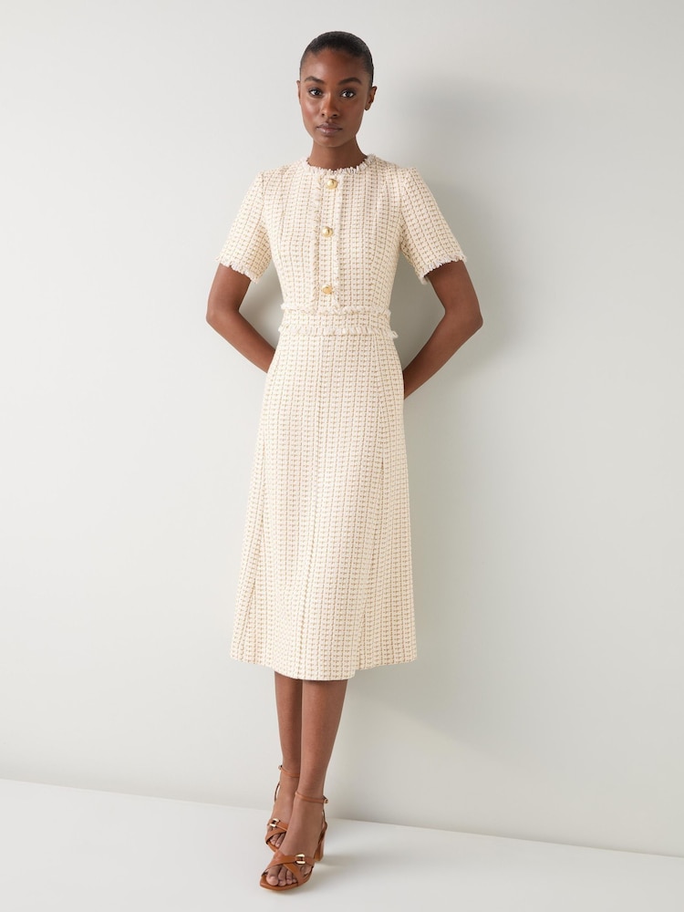 LK Bennett Cream Julia Tweed Cheque Polyester Mix Gold Button Dress - Image 2 of 4