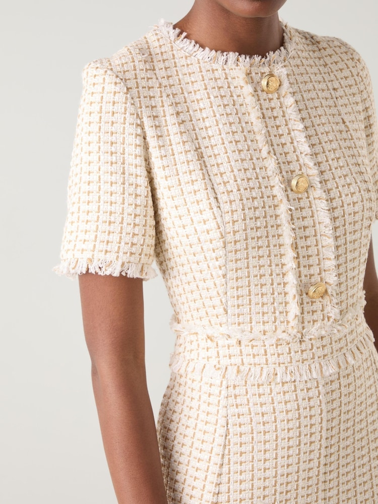 LK Bennett Cream Julia Tweed Cheque Polyester Mix Gold Button Dress - Image 4 of 4