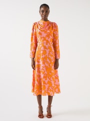 LK Bennett Orange Samantha Floral Jacquard Print Silk Button Shoulder Dress - Image 1 of 2