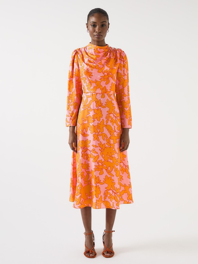LK Bennett Orange Samantha Floral Jacquard Print Silk Button Shoulder Dress - Image 1 of 2