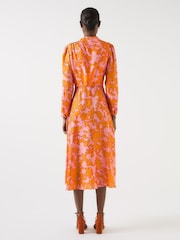 LK Bennett Orange Samantha Floral Jacquard Print Silk Button Shoulder Dress - Image 2 of 2