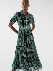 LK Bennett Green Relaxed Rumi Pine Grove & Birch Pindot Tiered Dress - Image 1 of 4