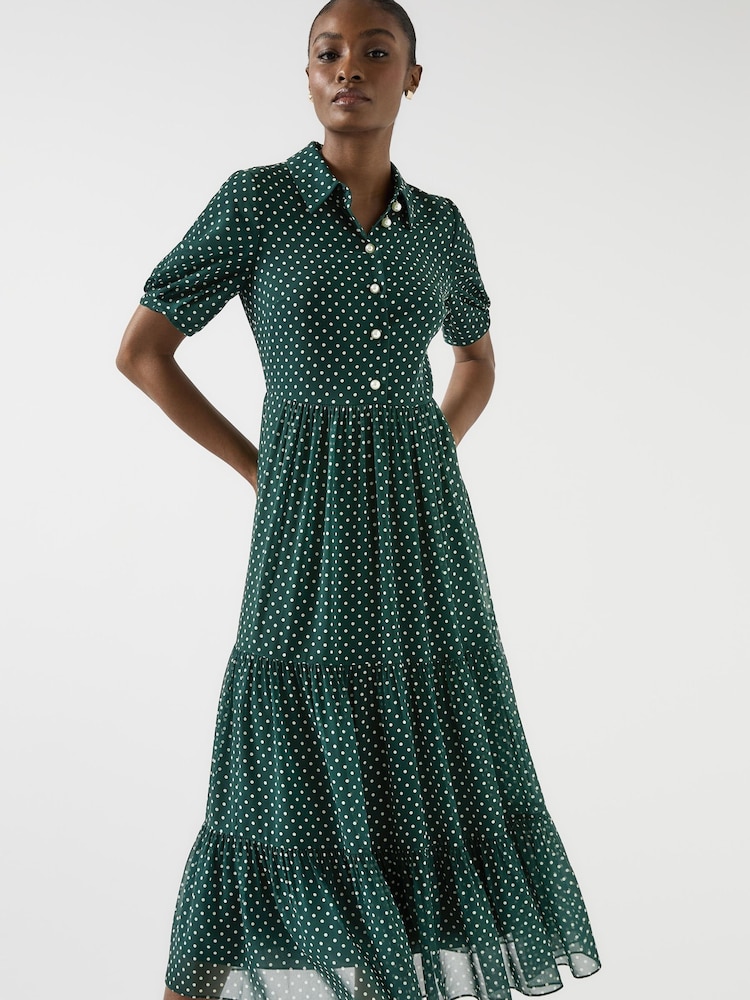 LK Bennett Green Relaxed Rumi Pine Grove & Birch Pindot Tiered Dress - Image 1 of 4