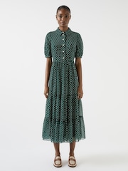 LK Bennett Green Relaxed Rumi Pine Grove & Birch Pindot Tiered Dress - Image 2 of 4