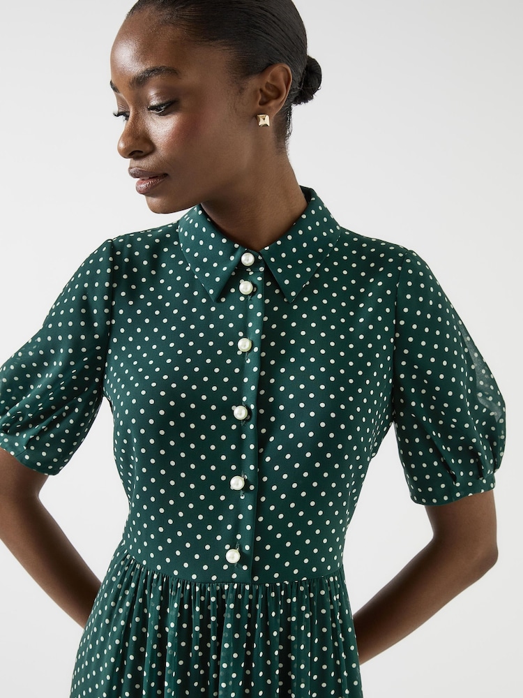 LK Bennett Green Relaxed Rumi Pine Grove & Birch Pindot Tiered Dress - Image 4 of 4