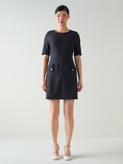 LK Bennett Blue Skyla Midnight Plain Polyester Jersey A-Line Shift Dress With Sleeve - Image 1 of 3