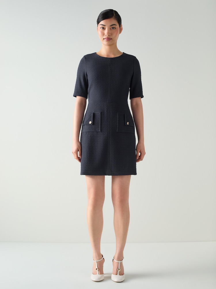 LK Bennett Blue Skyla Midnight Plain Polyester Jersey A-Line Shift Dress With Sleeve - Image 1 of 3