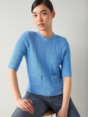LK Bennett Blue Shona Plain Cotton Shoulder Pad Short Sleeve Top - Image 1 of 4