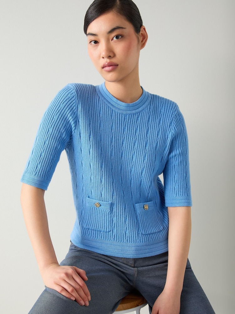 LK Bennett Blue Shona Plain Cotton Shoulder Pad Short Sleeve Top - Image 1 of 4