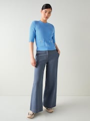 LK Bennett Blue Shona Plain Cotton Shoulder Pad Short Sleeve Top - Image 2 of 4