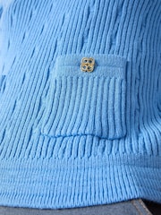 LK Bennett Blue Shona Plain Cotton Shoulder Pad Short Sleeve Top - Image 4 of 4