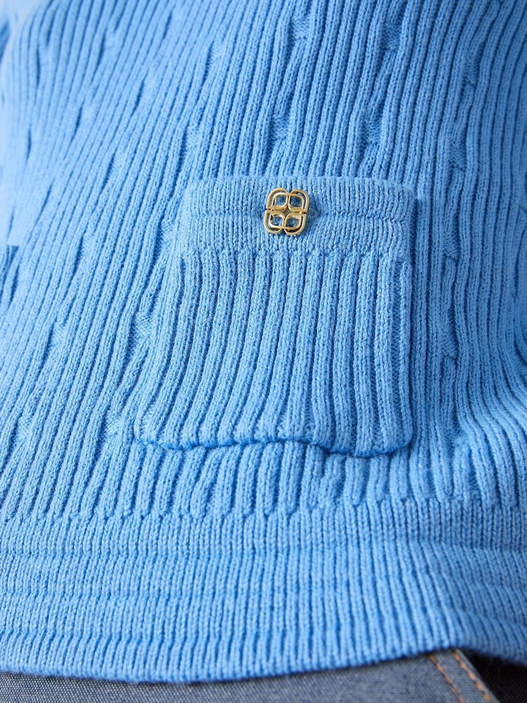 LK Bennett Blue Shona Plain Cotton Shoulder Pad Short Sleeve Top - Image 4 of 4