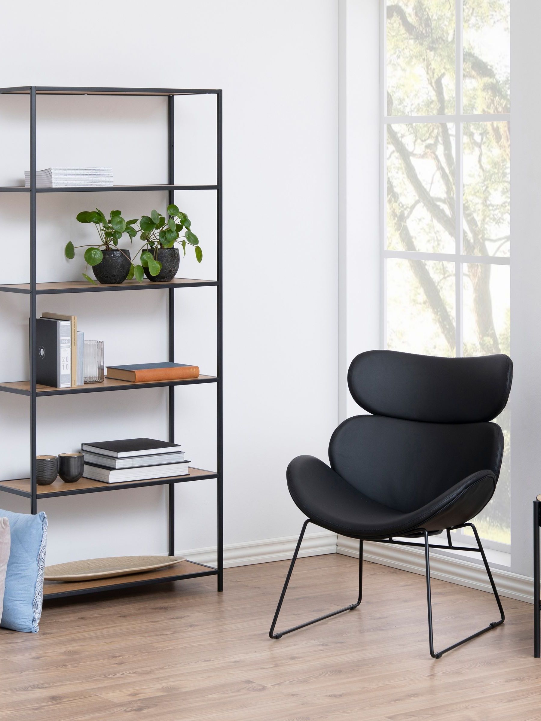 Furniture To Go Black Seaford Tall Metal Bookcase With 5 Shelves In Oak - 1 - And Natural - Wood - Image 4