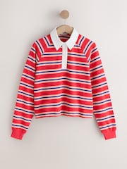 Red/Blue Striped Long Sleeve Collared Rugby Polo Top - Image 1 of 3