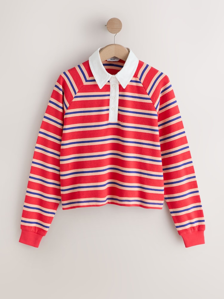 Red/Blue Striped Long Sleeve Collared Rugby Polo Top - Image 1 of 3