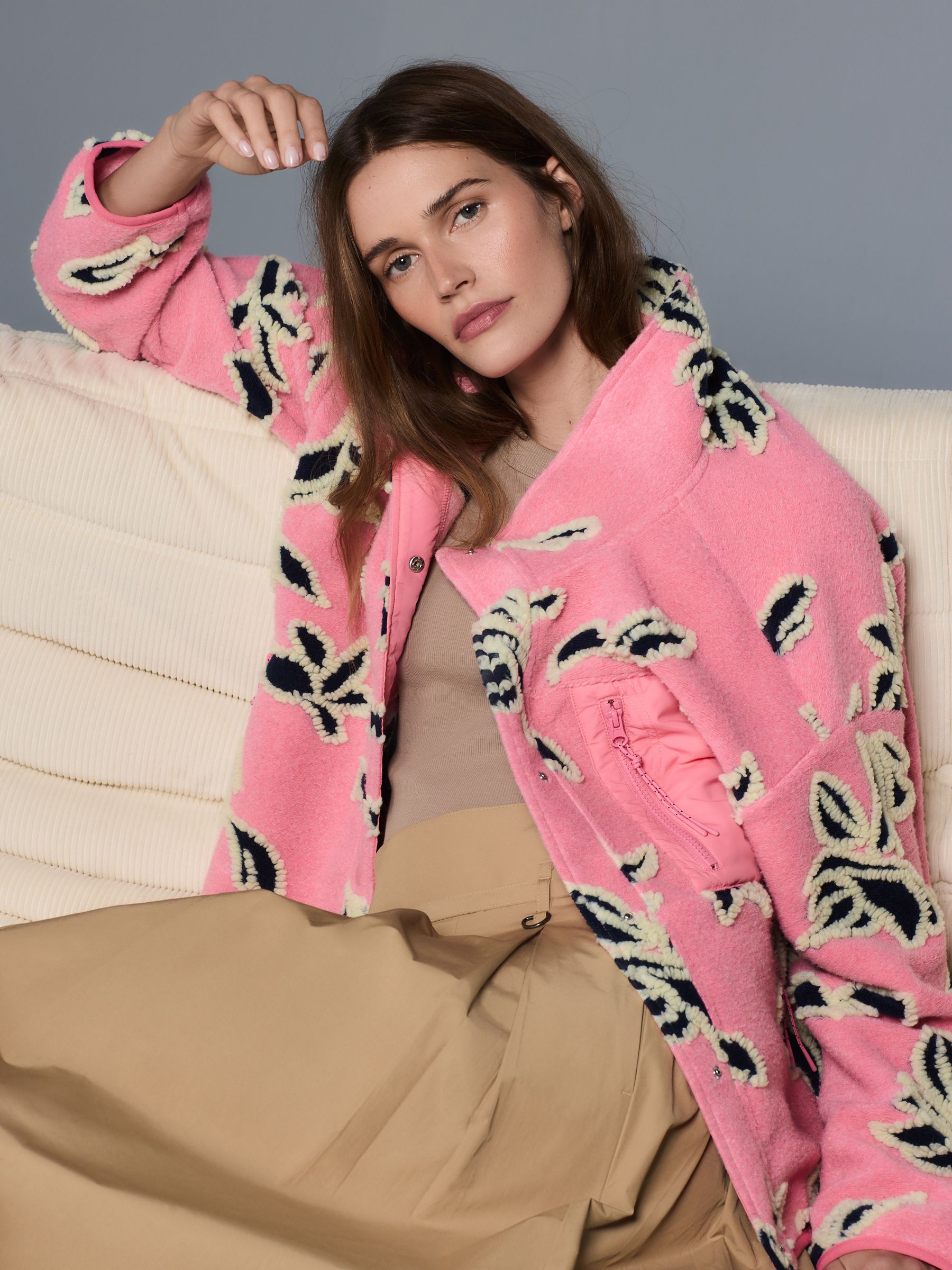 Buy Pink Floral Graphic Floral Button Through Borg Jacket from the