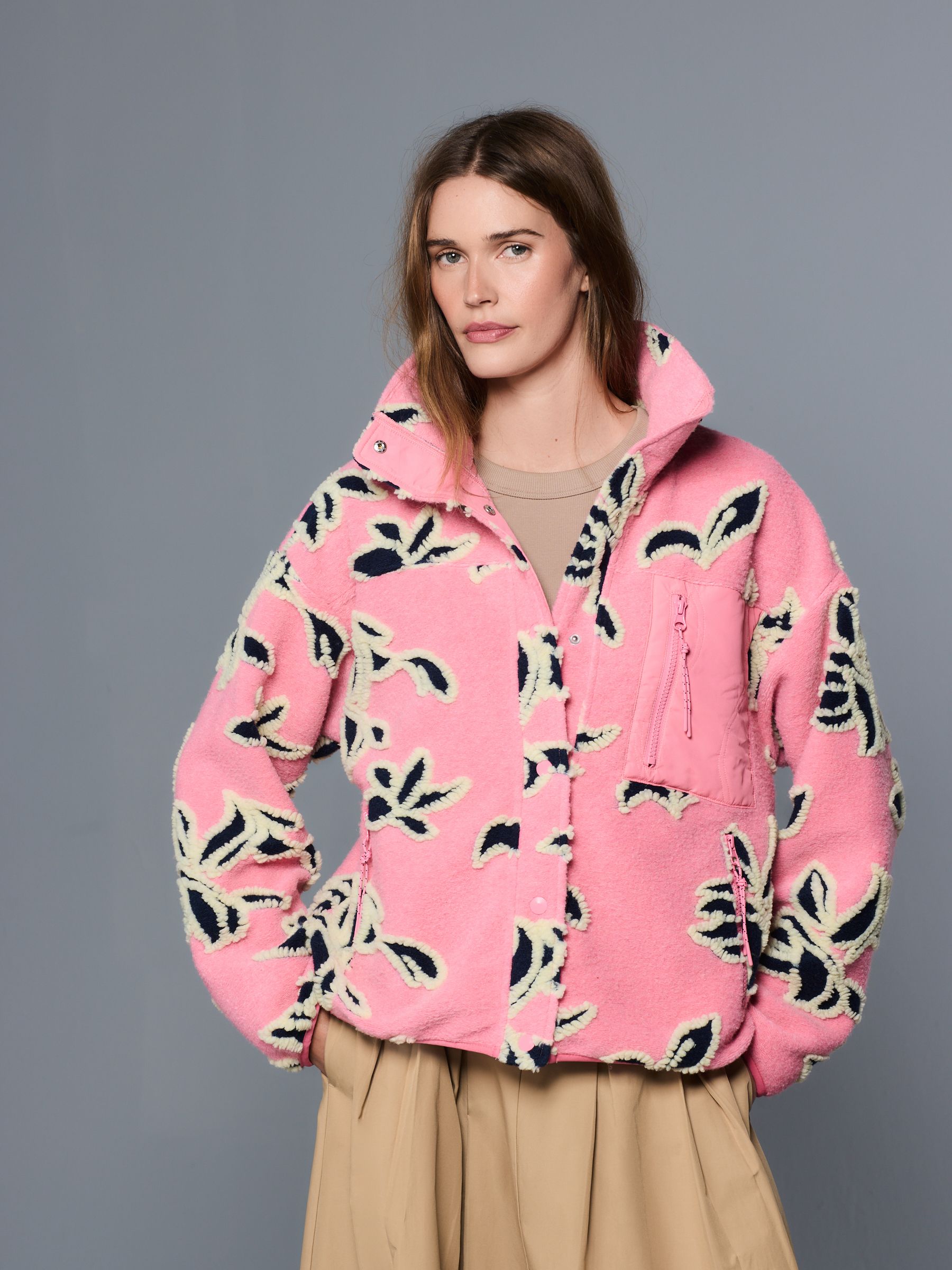 Buy Pink Floral Graphic Floral Button Through Borg Jacket from