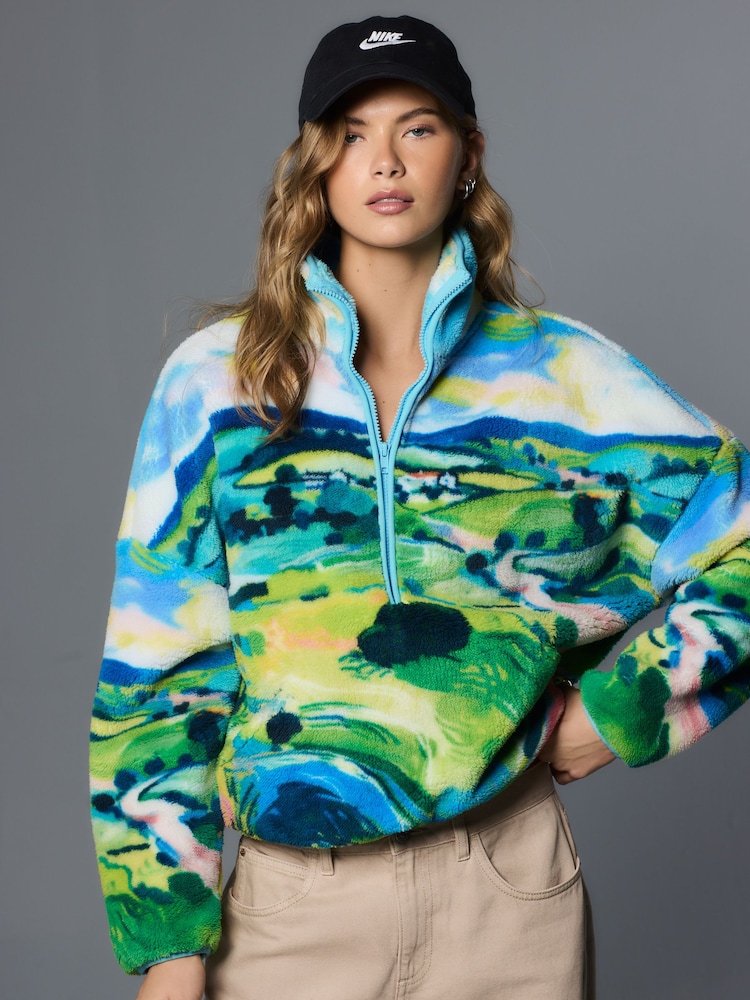Blue Scenic Print Cosy Teddy Borg Half Zip Jacket - Image 1 of 7