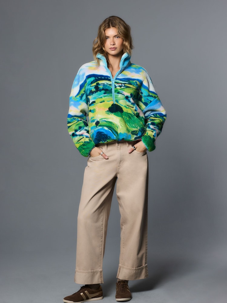 Blue Scenic Print Cosy Teddy Borg Half Zip Jacket - Image 2 of 7