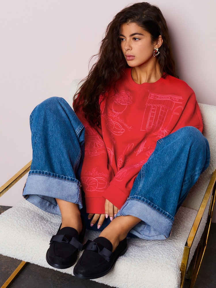 Red Embroidered Sweatshirt - Image 1 of 7 Red Embroidered Sweatshirt - Image 1 of 7