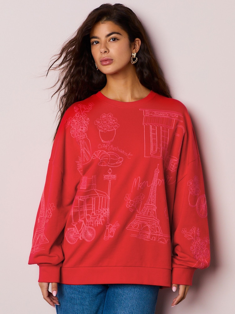 Red Embroidered Sweatshirt - Image 2 of 7 Red Embroidered Sweatshirt - Image 2 of 7