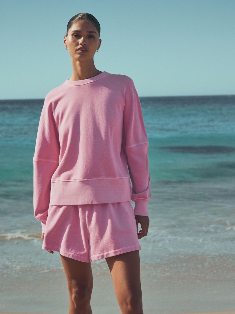 Fluro Pink Crew Neck Washed Sweatshirt - Image 2 of 8 Fluro Pink Crew Neck Washed Sweatshirt - Image 2 of 8